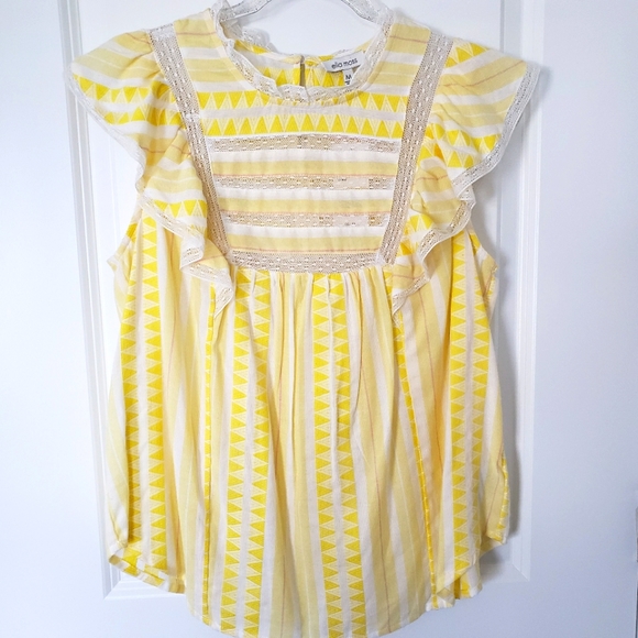 ELLA MOSS Empire Yellow Kinslee Short Flutter Sleeve Lace Trim Blouse—NWT—L - Picture 2 of 15